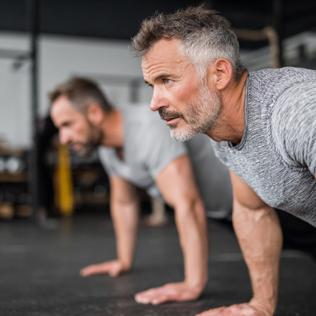 Middle-aged men engaged in structured fitness training with focus on strength and stability